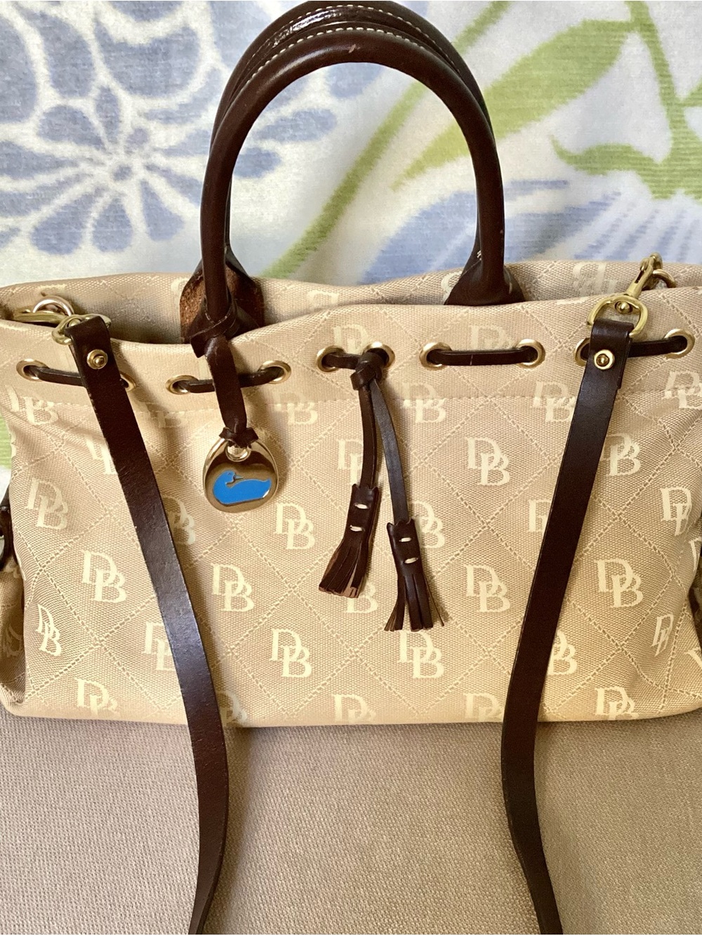 Dooney & Bourke Beige Logo Satchel with Dark Brown Trim - Picture 12 of 13